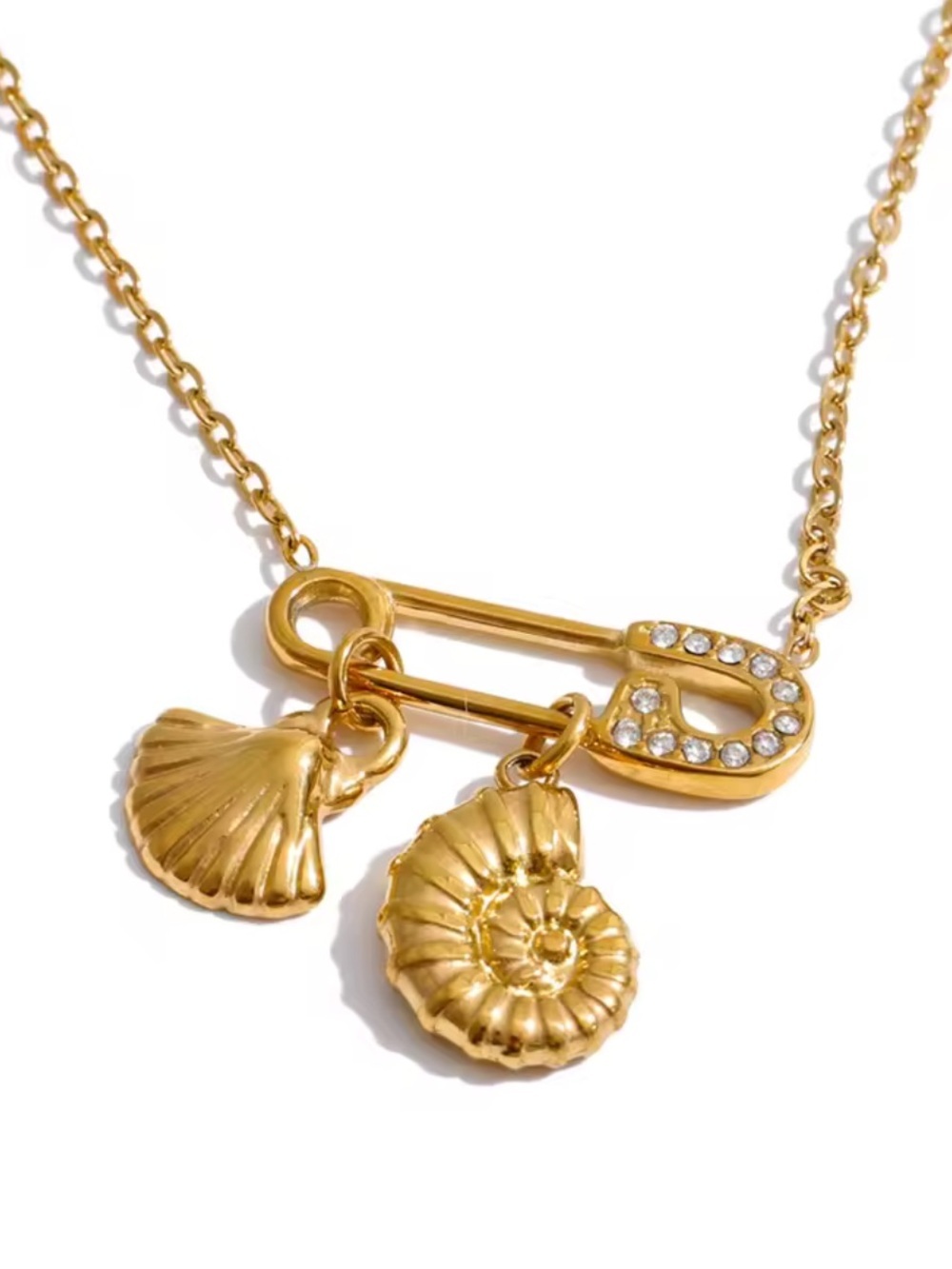 Gold Seashell Charm Safety Pin Dainty Beach Necklace